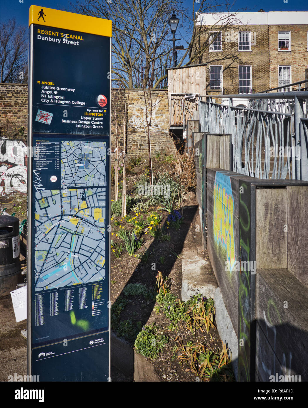 You are here information map point on towpath by the Regent's Canal, Danbury Street, Islington, London, United Kingdom Stock Photo