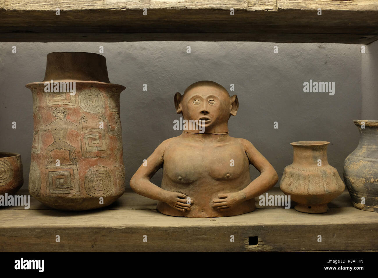 Clay jars displayed inside the Pinto Art Museum which display massive artwork collections of Dr. Joven Cuanang, owner the Museum located in the city of Antipolo, in the province of Rizal in the Philippines. Stock Photo