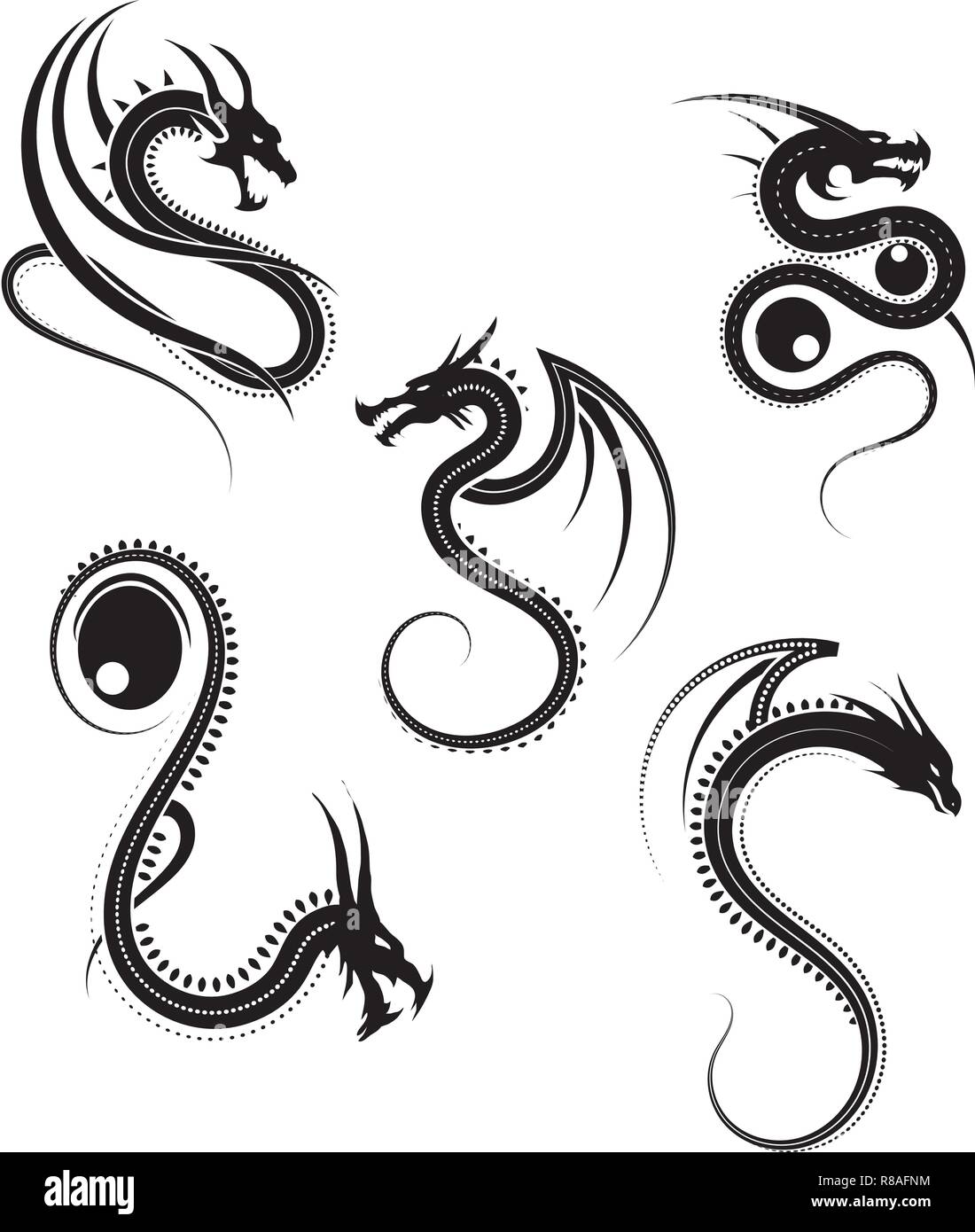 vector illustration, set of round tribal dragon designs, black and white graphics Stock Vector