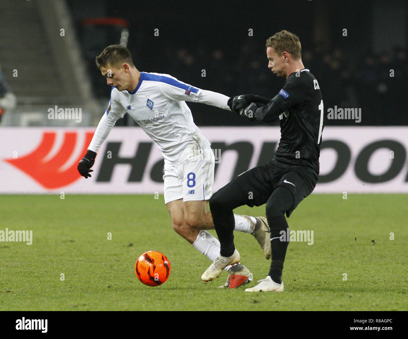 Kiev, Ukraine. 13th Dec, 2018. Volodymyr Shepeliev ( L) of Dynamo and Jan Chramosta (R ) of Jablonec are seen in action during the UEFA Europa League Group K soccer match between FC Dynamo Kiev and FK Jablonec at the NSK Olimpiyskiy in Kiev. Credit: Vadim Kot/SOPA Images/ZUMA Wire/Alamy Live News Stock Photo