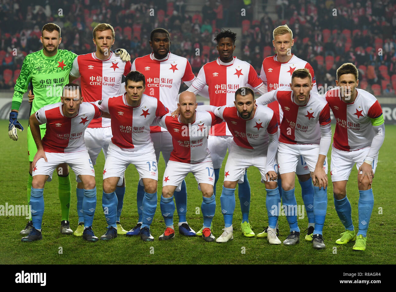 Prague, Czech Republic. 13th Dec, 2018. SK Slavia Praha soccer players pose  for photographers prior to the UEFA Europa League, Group Stage, Group C,  match between SK Slavia Praha and FC Zenit