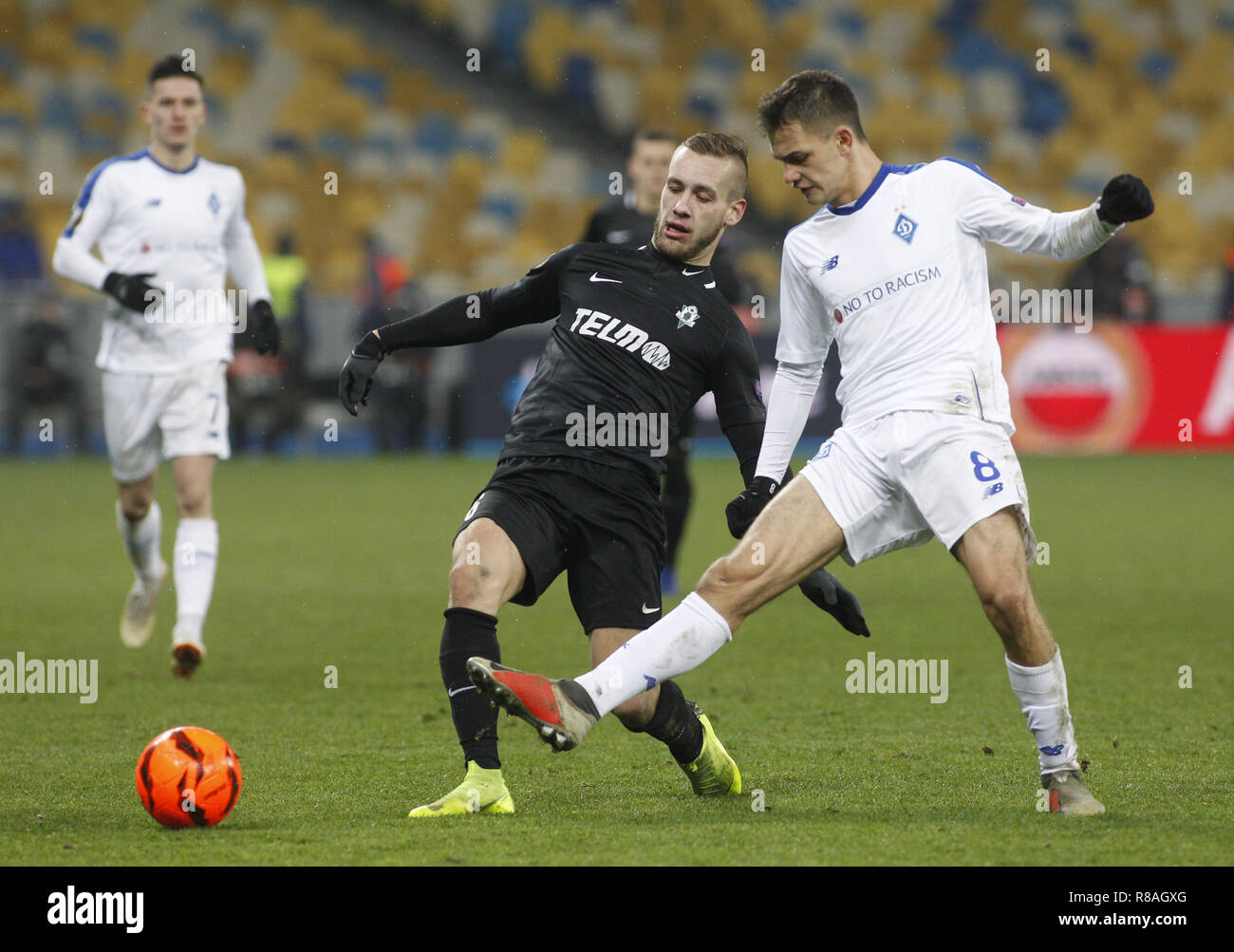 Kiev, Ukraine. 13th Dec, 2018. Milos KratochvÃ-l (L) of Jablonec and Volodymyr Shepeliev (R) of Dynamo are seen in action during the UEFA Europa League Group K soccer match between FC Dynamo Kiev and FK Jablonec at the NSK Olimpiyskiy in Kiev. Credit: Vadim Kot/SOPA Images/ZUMA Wire/Alamy Live News Stock Photo
