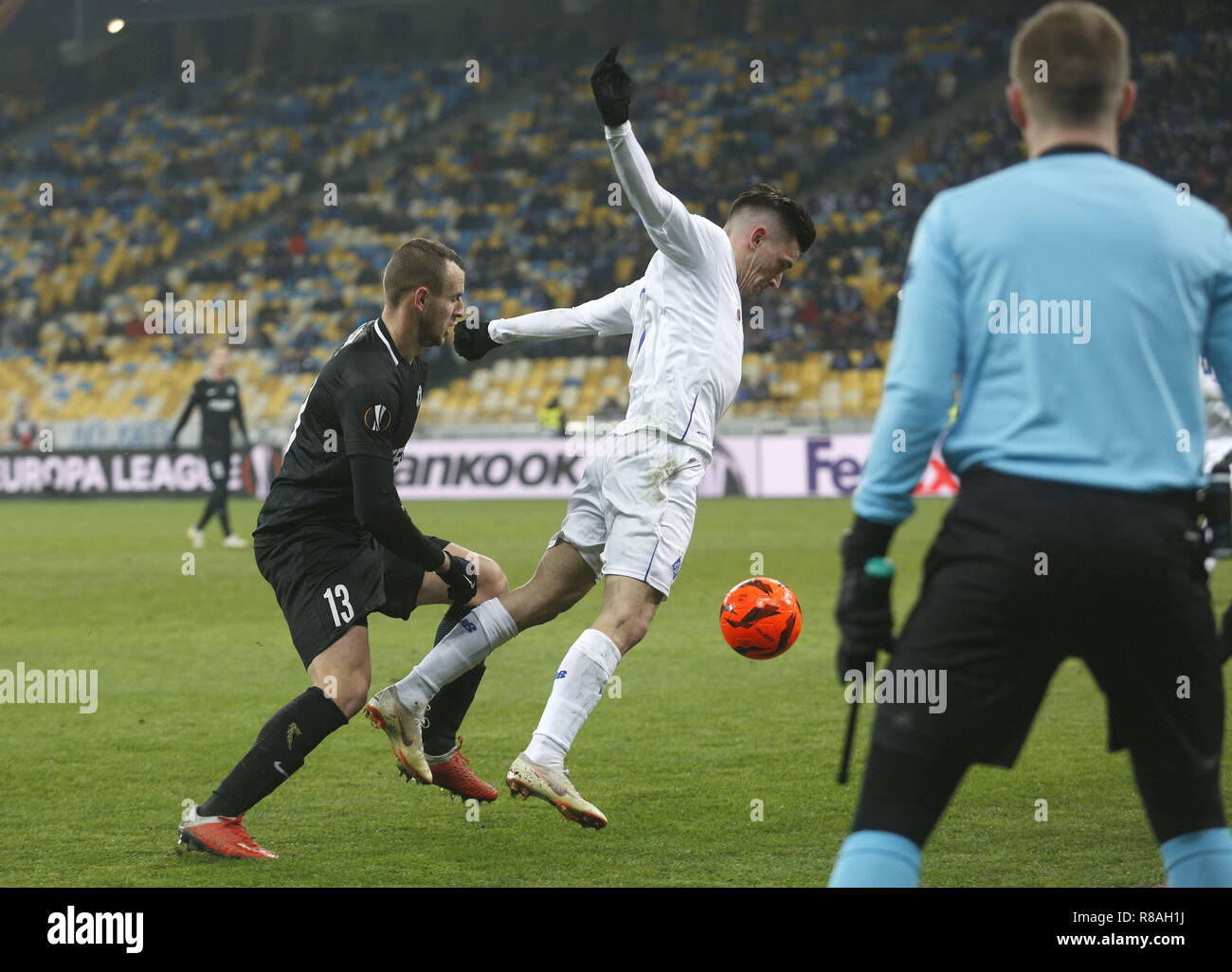 Kiev, Ukraine. 13th Dec, 2018. David Lischka (L) of Jablonec and Benjamin Verbic (R) of Dynamo are seen in action during the UEFA Europa League Group K soccer match between FC Dynamo Kiev and FK Jablonec at the NSK Olimpiyskiy in Kiev. Credit: Vadim Kot/SOPA Images/ZUMA Wire/Alamy Live News Stock Photo