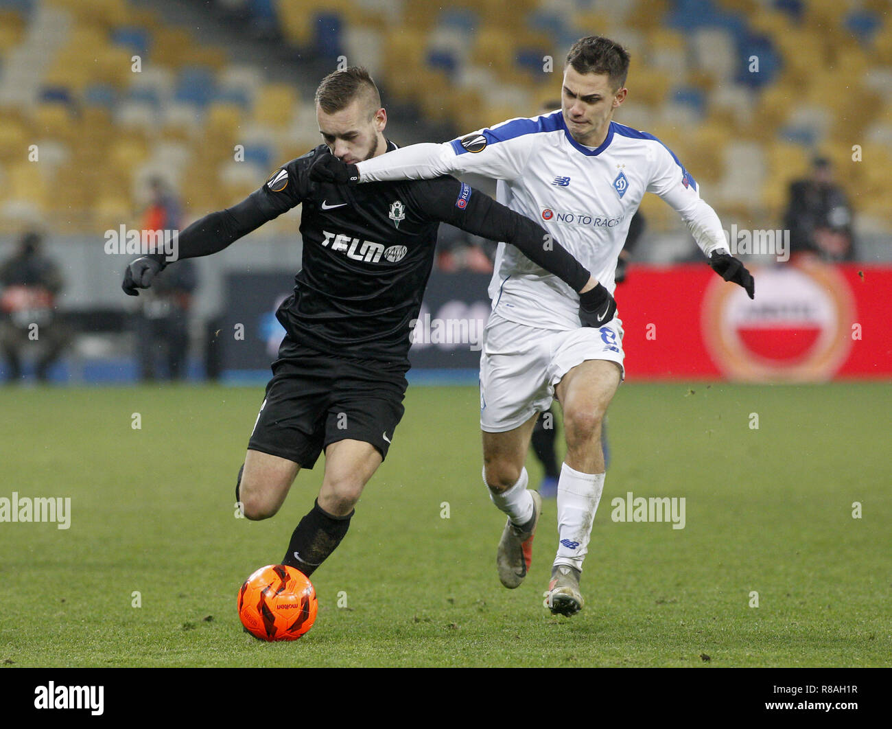Kiev, Ukraine. 13th Dec, 2018. Milos KratochvÃ-l (L) of Jablonec and Volodymyr Shepeliev (R) of Dynamo are seen in action during the UEFA Europa League Group K soccer match between FC Dynamo Kiev and FK Jablonec at the NSK Olimpiyskiy in Kiev. Credit: Vadim Kot/SOPA Images/ZUMA Wire/Alamy Live News Stock Photo