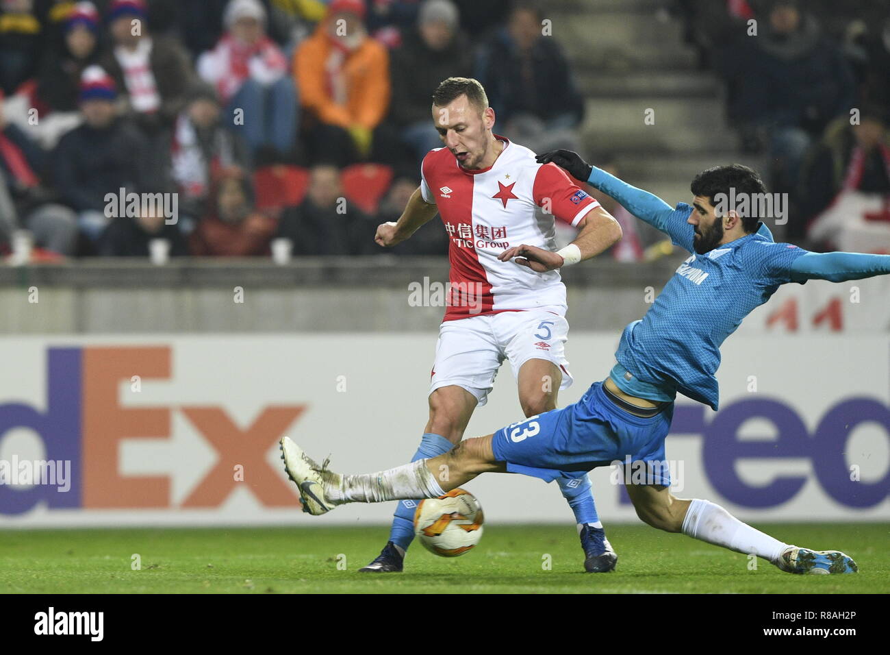 Prague, Czech Republic. 13th Dec, 2018. L-R Vladimir Coufal (Slavia) and Luis Neto (Zenit) in action during the UEFA Europa League, Group Stage, Group C, match between SK Slavia Praha and FC Zenit Saint Petersburg, in Prague, Czech Republic, on December 13, 2018. Credit: Michal Kamaryt/CTK Photo/Alamy Live News Stock Photo