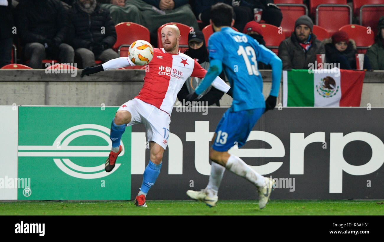 Prague, Czech Republic. 13th Dec, 2018. L-R Miroslav Stoch (Slavia) and Luis Neto (Zenit) in action during the UEFA Europa League, Group Stage, Group C, match between SK Slavia Praha and FC Zenit Saint Petersburg, in Prague, Czech Republic, on December 13, 2018. Credit: Michal Kamaryt/CTK Photo/Alamy Live News Stock Photo