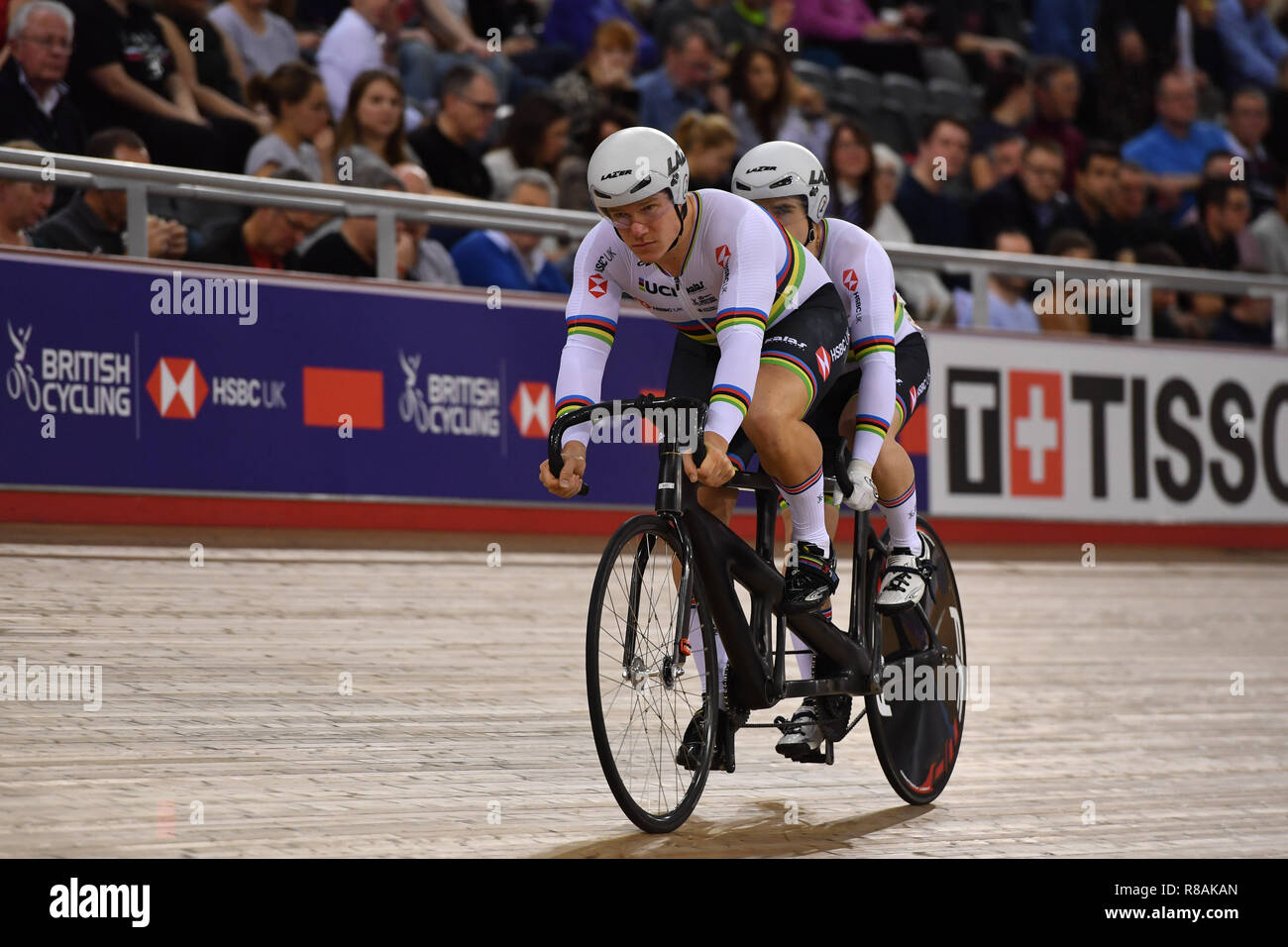 London, UK. 14th December, 2018. Fachie Neil MBE and Rotherham Matt (GBR) in in Mixed Para B Sprint Semifinals during Tissot UCI Track Cycling World Cup IV at Lee Valley VeloPark on Friday, 14 December 2018. LONDON ENGLAND.  (Editorial use only, license required for commercial use. No use in betting, games or a single club/league/player publications.) Credit: Taka Wu/Alamy Live News Stock Photo