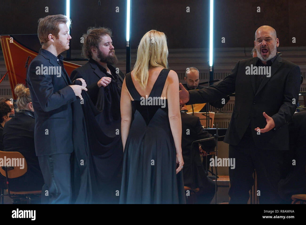 Berlin, Germany. 14th Dec, 2018. The soloists Tim Mead (l-r, countertenor), Florian Boesch (bass), Magdalena Ko·ená (mezzo-soprano), and Allan Clayton (tenor) perform on stage during the dress rehearsal of Handel's 'Messiah' in the Berlin Philharmonie. Just in time for Christmas, the Deutsches Symphonie-Orchester performs Georg Friedrich Handel's oratorio as a danced piece. Credit: Jörg Carstensen/dpa/Alamy Live News Stock Photo