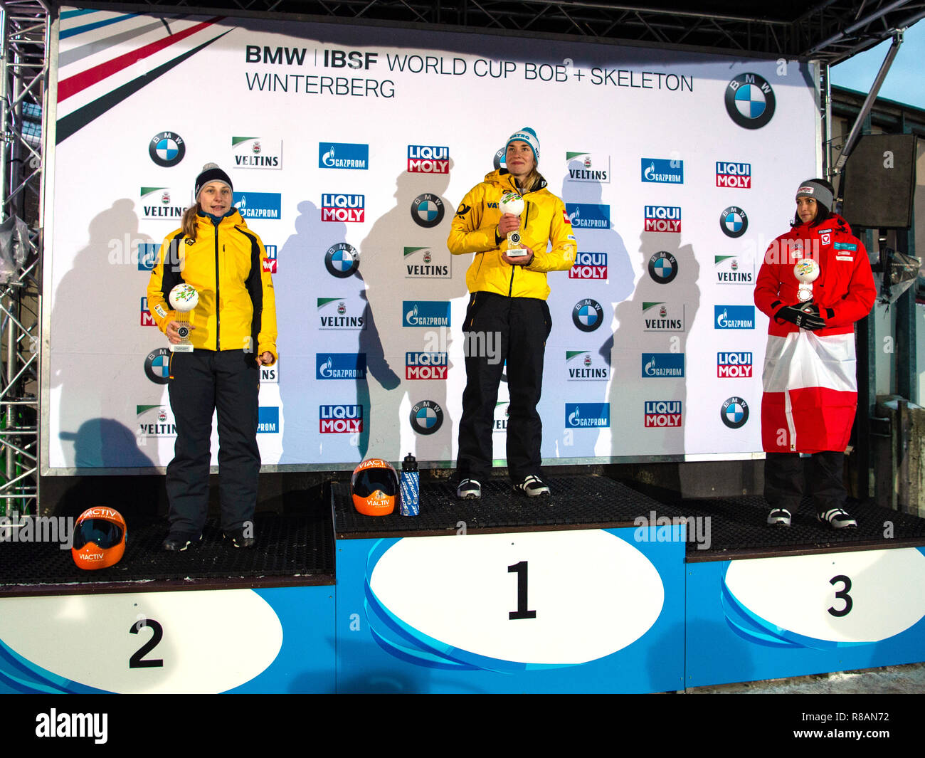 Winterberg Germany 14th Dec 18 Skeletonskeleton World Cup Women 2nd Run In The Veltins Eisarena Tina Hermann 2nd Place L Jacqueline Lolling 1st Place M Both Germany And Janine Flock 3rd Place From