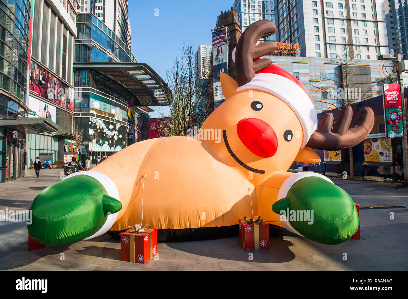 December 14, 2018 - Shenyan, Shenyan, China - Shenyang, CHINA-A 5-meter-tall air structure of Santa Claus can be seen on street in Shenyang, northeast ChinaÃ¢â‚¬â„¢s Liaoning Province, marking the upcoming Christmas Day. (Credit Image: © SIPA Asia via ZUMA Wire) Stock Photo