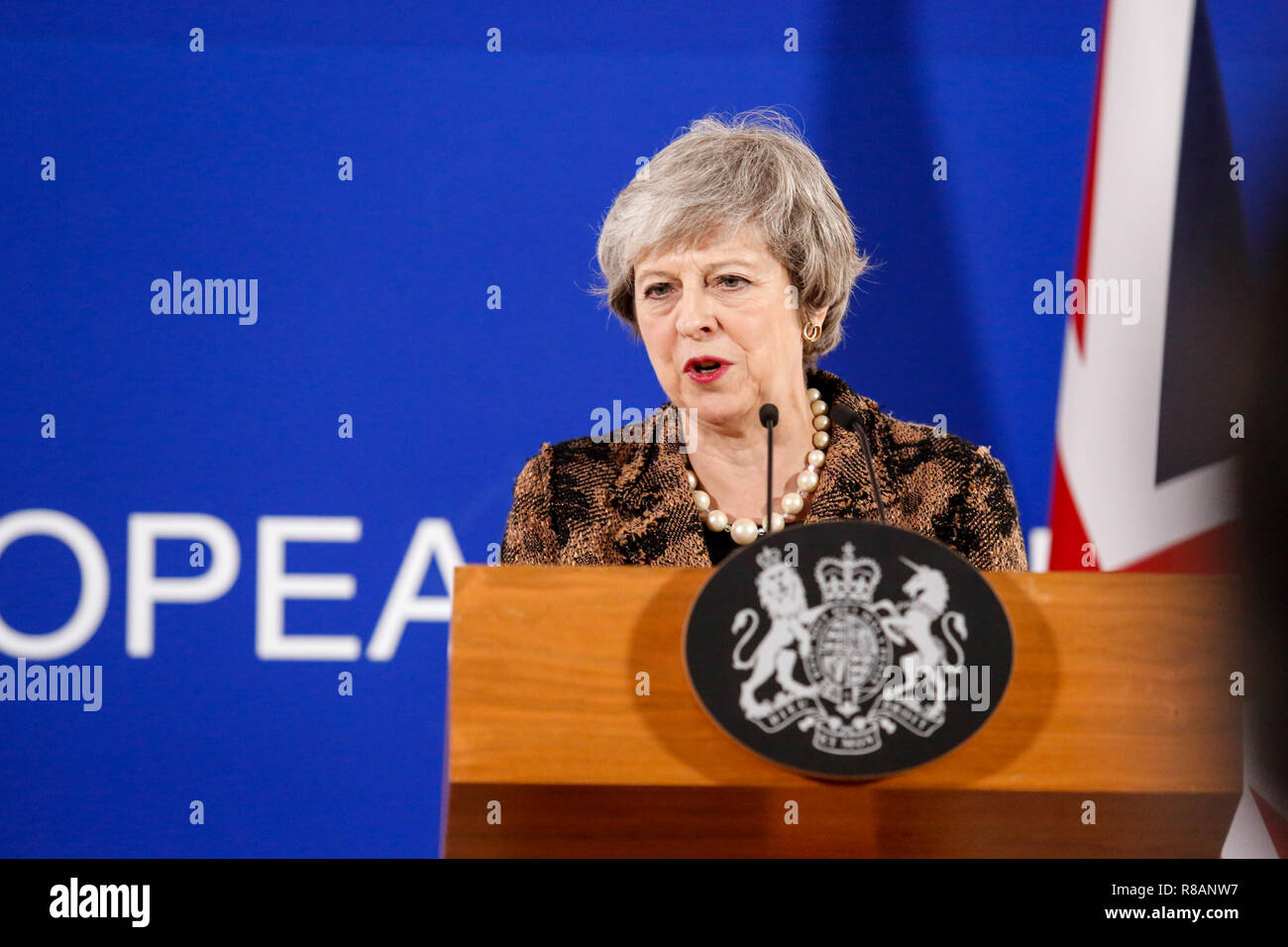 Brussels, Belgium. 14th Dec 2018. British Prime Minister, Theresa May speaks to press during European Council Summit in Brussels, Belgium on December 14, 2018. Credit: Michal Busko/Alamy Live News Stock Photo