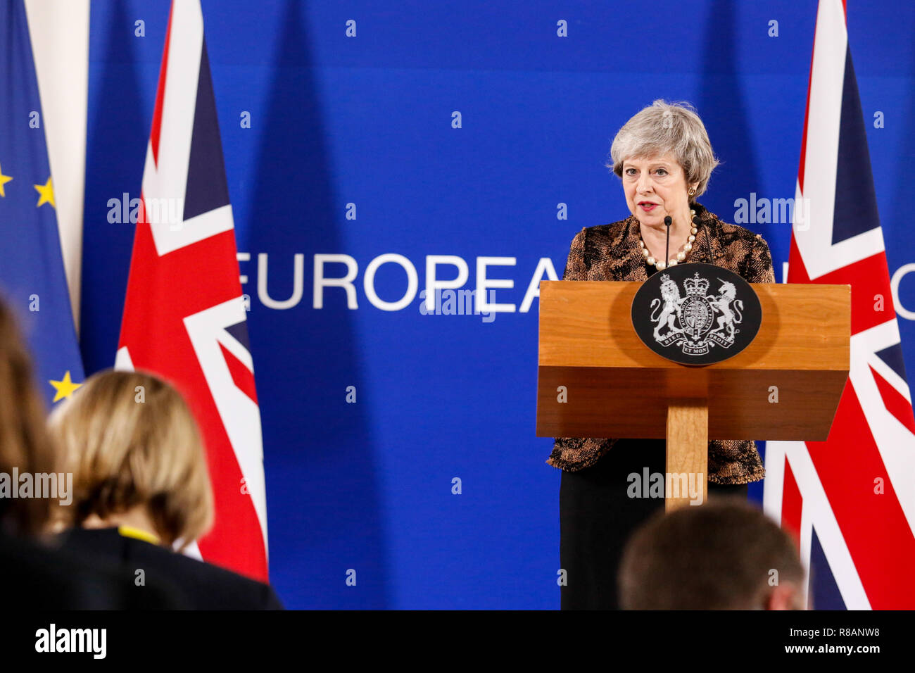Brussels, Belgium. 14th Dec 2018. British Prime Minister, Theresa May speaks to press during European Council Summit in Brussels, Belgium on December 14, 2018. Credit: Michal Busko/Alamy Live News Stock Photo