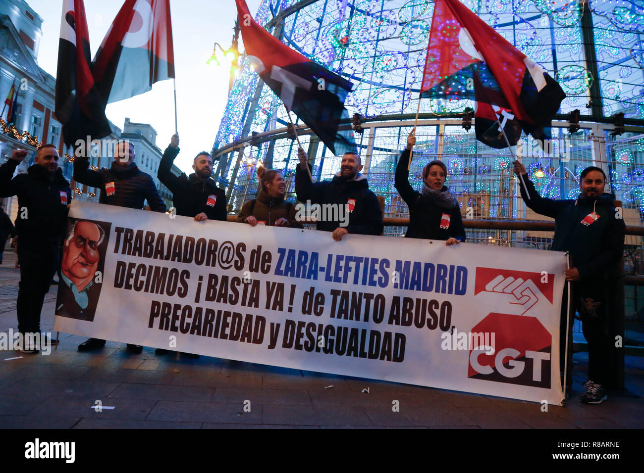 Madrid, Spain. 14th Dec, 2018. Workers from Zara and Lefties (Grupo  Inditex) seen protesting against job insecurity and inequality.Workers from  various active strikes such as Carrefour, Inditex, Amazon or teleoperators  in Spain