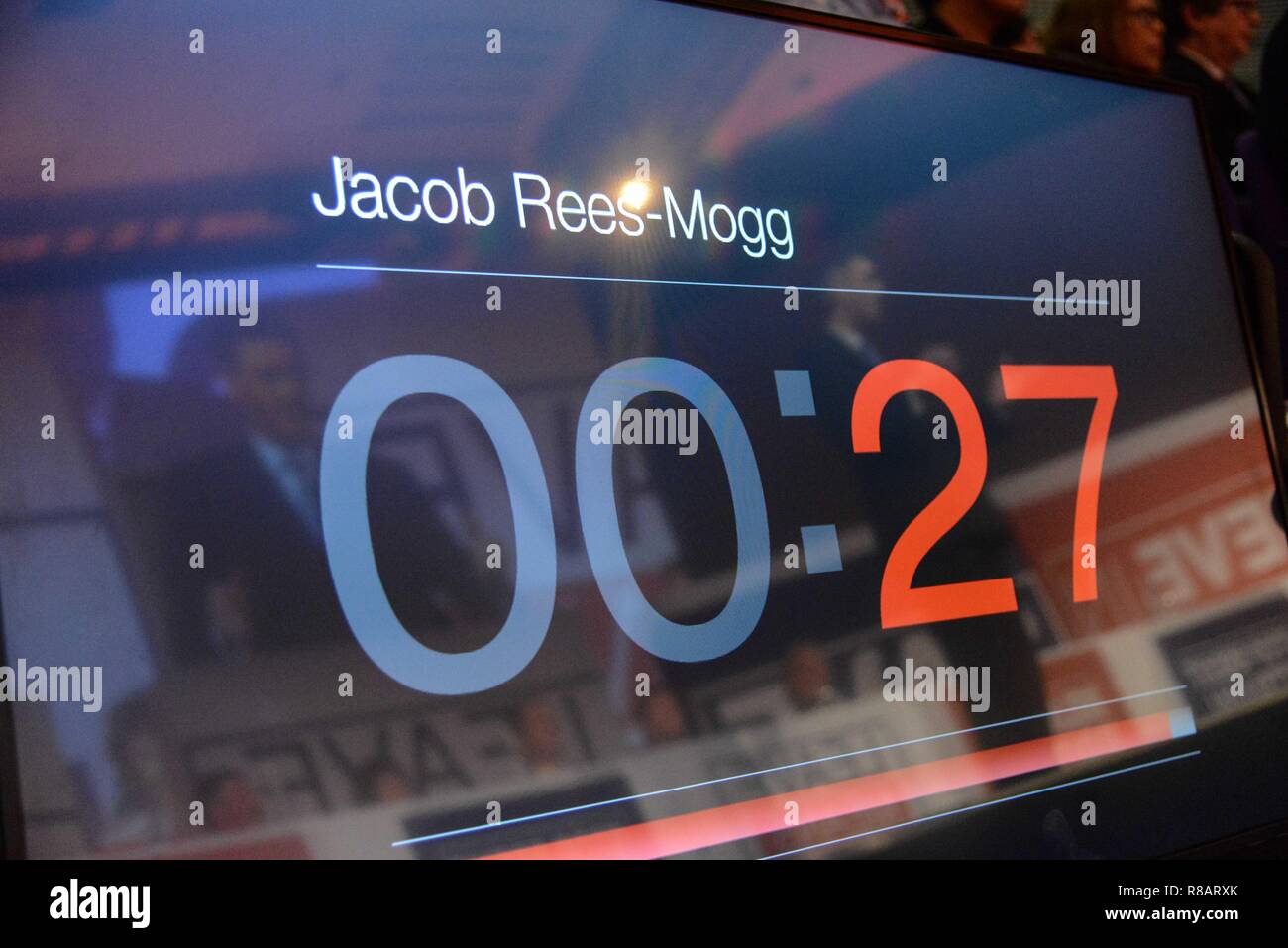 Nigel Rees Countdown London, UK. 14th December 2018: Jacob Rees - Mogg's reflection in a ...