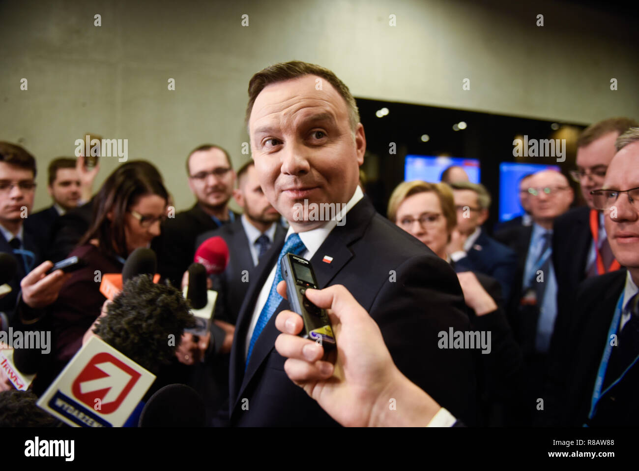 Andrzej Duda, President of Poland seen speaking to the media during the COP24 UN Climate Change Conference 2018. Stock Photo