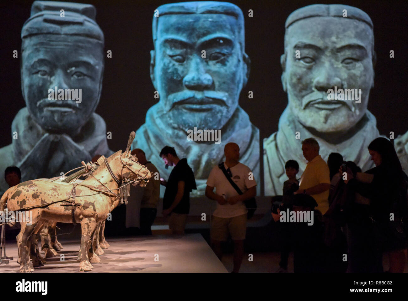 (181215) -- WELLINGTON, Dec. 15, 2018 (Xinhua) -- Visitors wait for entering the exhibition Terracotta Warriors: Guardians of Immortality at the National Museum of New Zealand in Wellington, New Zealand, on Dec. 15, 2018. The landmark exhibition of Terracotta Warriors: Guardians of Immortality opened to public on Saturday at the National Museum of New Zealand.       The exhibition features eight warriors standing 180 cm tall, and two full-size horses from the famous terracotta army, as well as two half-size replica bronze horse-drawn chariots. Also on display are more than 160 exquisite works  Stock Photo