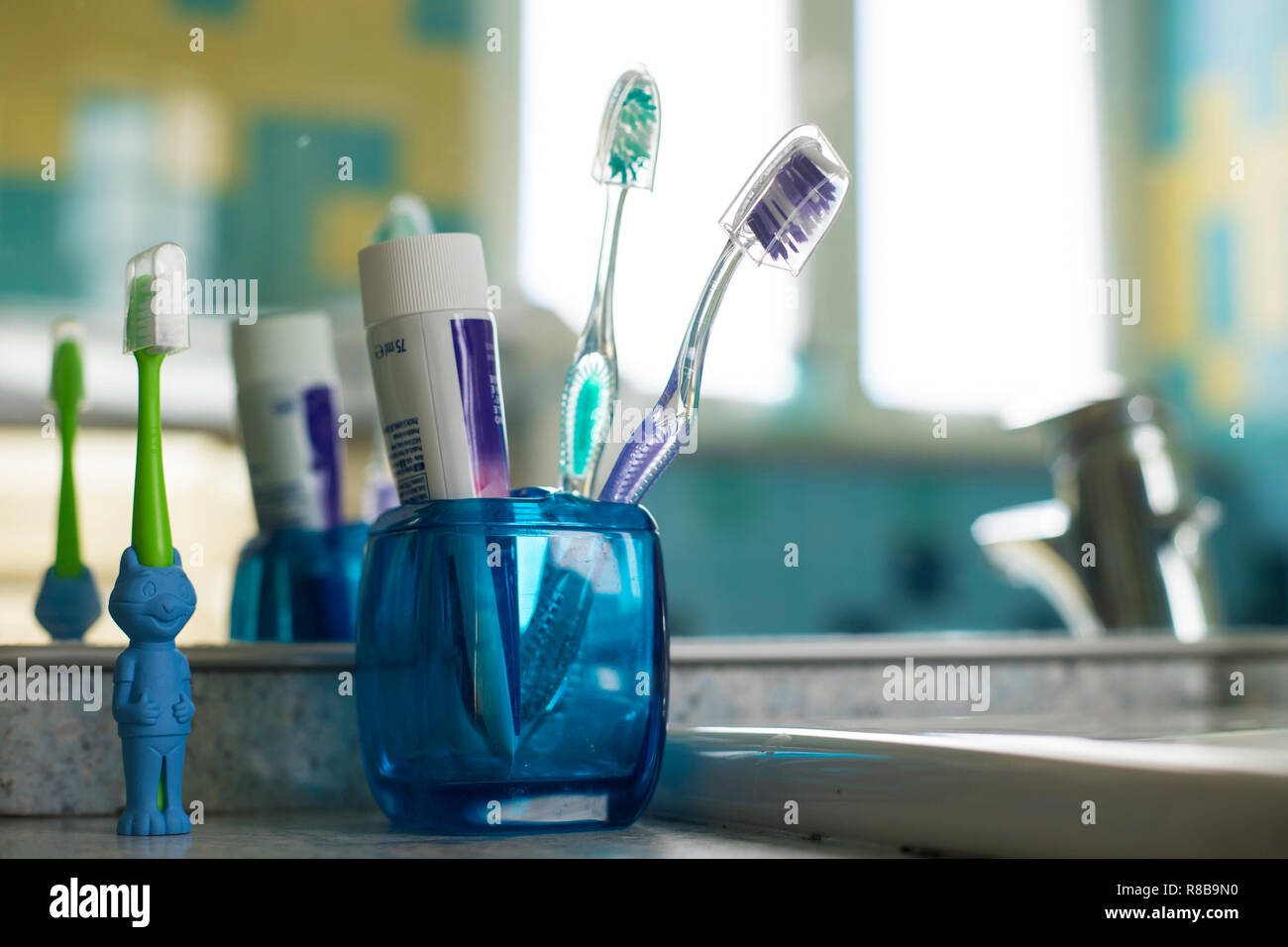 Family toothbrushes in bathroom, with two normal ones and an animal ...