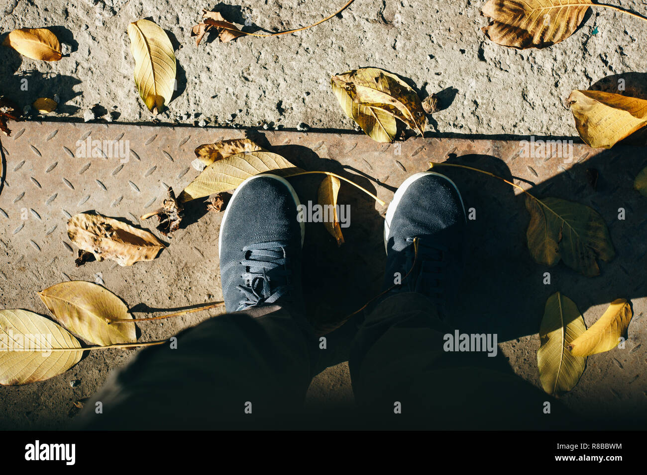 A guy in gray pants and blue suede shoes is standing on the ground covered with autumn leaves. Stock Photo