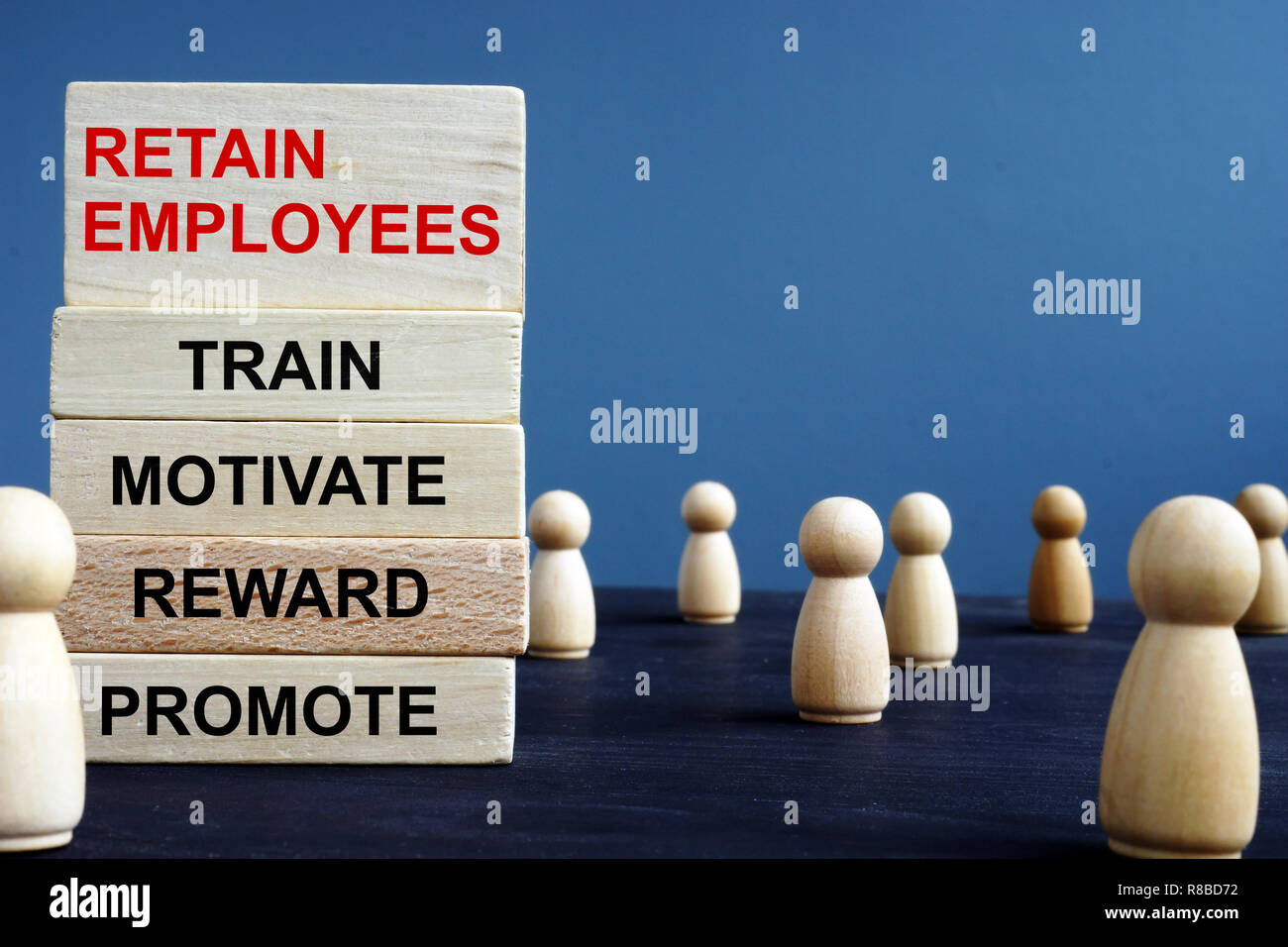 Words Retain Employees Train Motivate Reward Promote on a wooden blocks. Stock Photo