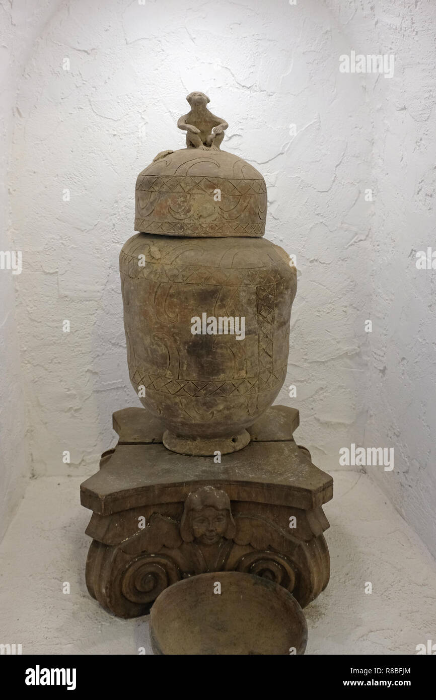 Burial Jars of Southern Philippine displayed at the Pinto Art Museum which display massive artwork collections of Dr. Joven Cuanang, owner the Museum located in the city of Antipolo, in the province of Rizal in the Philippines. Stock Photo