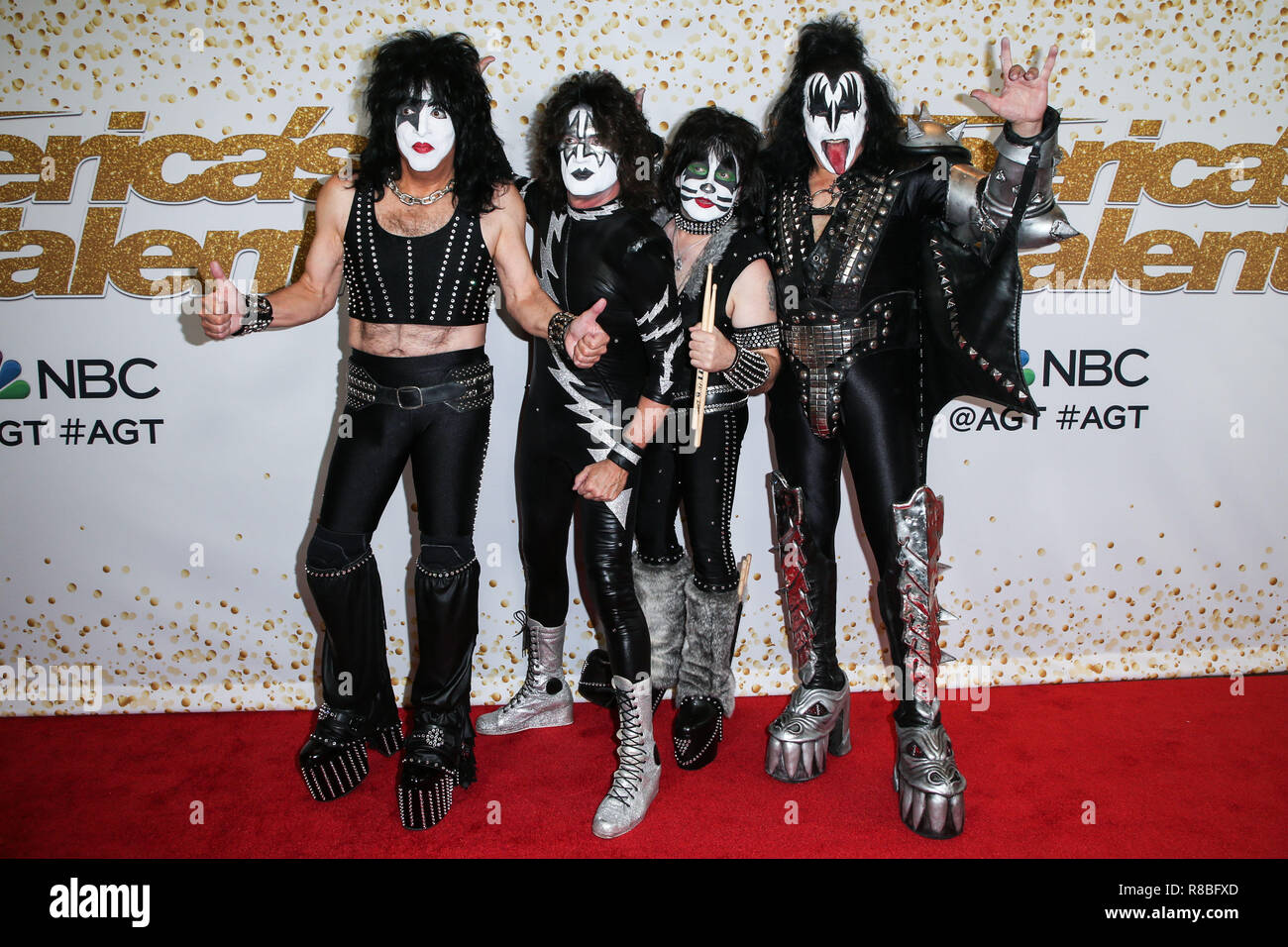HOLLYWOOD, LOS ANGELES, CA, USA - SEPTEMBER 19: Paul Stanley, Tommy Thayer, Eric Singer, Gene Simmons, Kiss at the 'America's Got Talent' Season 13 Finale Live Show Red Carpet held at Dolby Theatre on September 19, 2018 in Hollywood, Los Angeles, California, United States. (Photo by Image Press Agency) Stock Photo