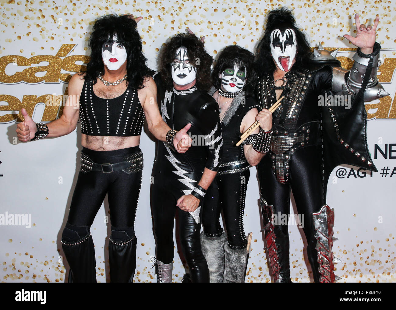 HOLLYWOOD, LOS ANGELES, CA, USA - SEPTEMBER 19: Paul Stanley, Tommy Thayer, Eric Singer, Gene Simmons, Kiss at the 'America's Got Talent' Season 13 Finale Live Show Red Carpet held at Dolby Theatre on September 19, 2018 in Hollywood, Los Angeles, California, United States. (Photo by Image Press Agency) Stock Photo