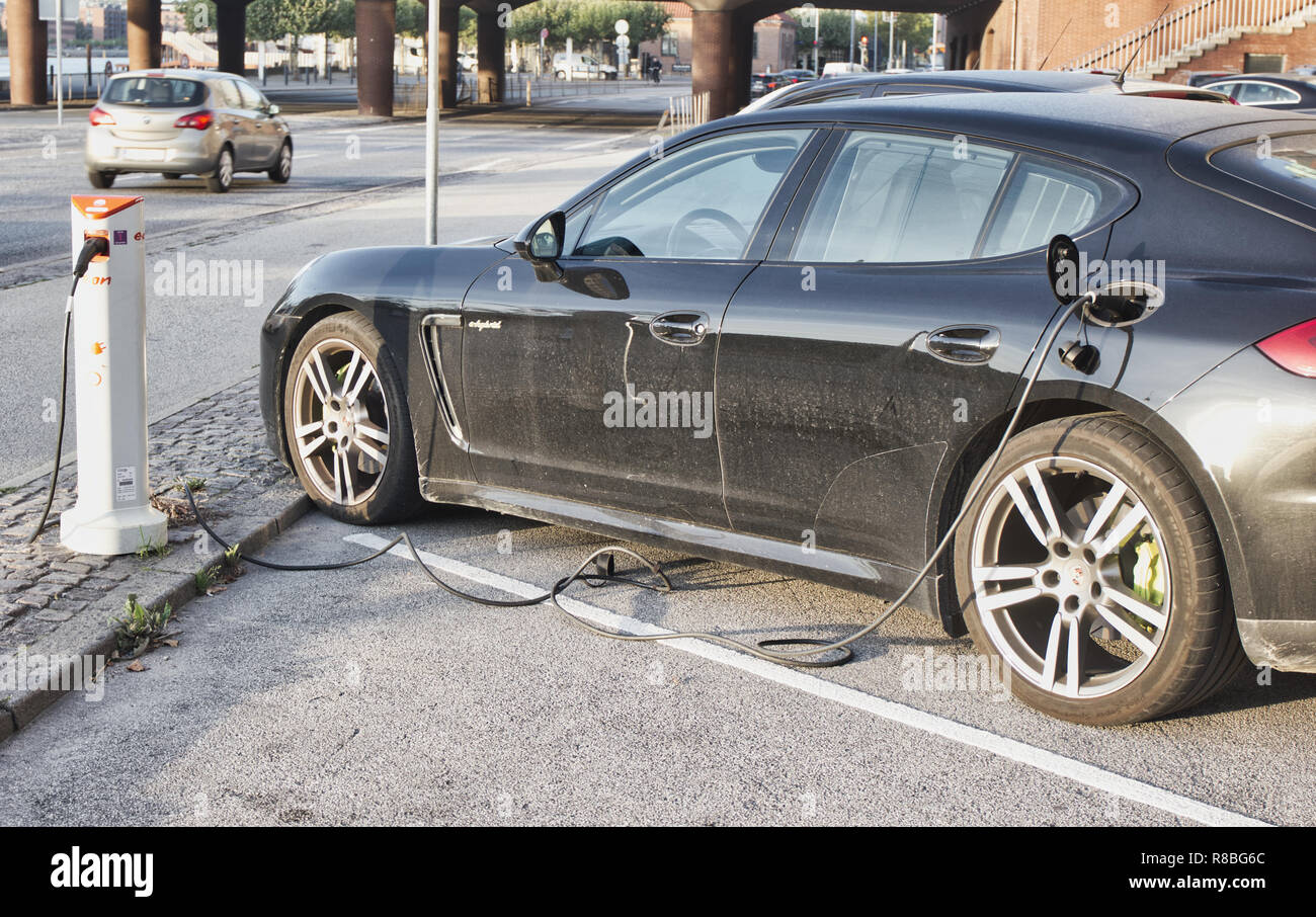 Electric car recharging in charging station, Copenhagen, Denmark