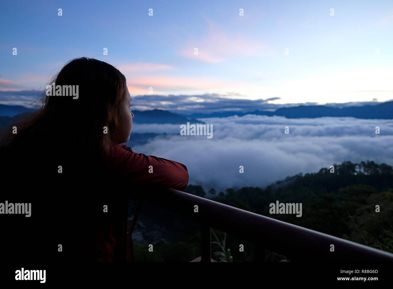 A young Filipino woman gazing at a thick blanket of fog rolling over the Cordillera Central or Cordillera Mountain Range situated in the north-central part of the island of Luzon in the Philippines. Stock Photo