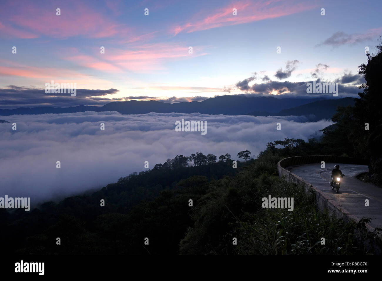 A thick blanket of fog rolls over the Cordillera Central or Cordillera Mountain Range as viewed from Halsema Highway on the way to the Municipality of Sagada in the island of Luzon, Philippines. Stock Photo
