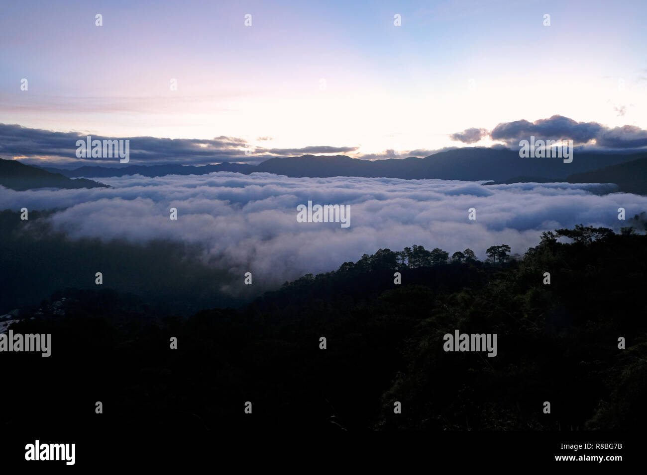 A thick blanket of fog rolls over the Cordillera Central or Cordillera Mountain Range situated in the north-central part of the island of Luzon in the Philippines. Stock Photo