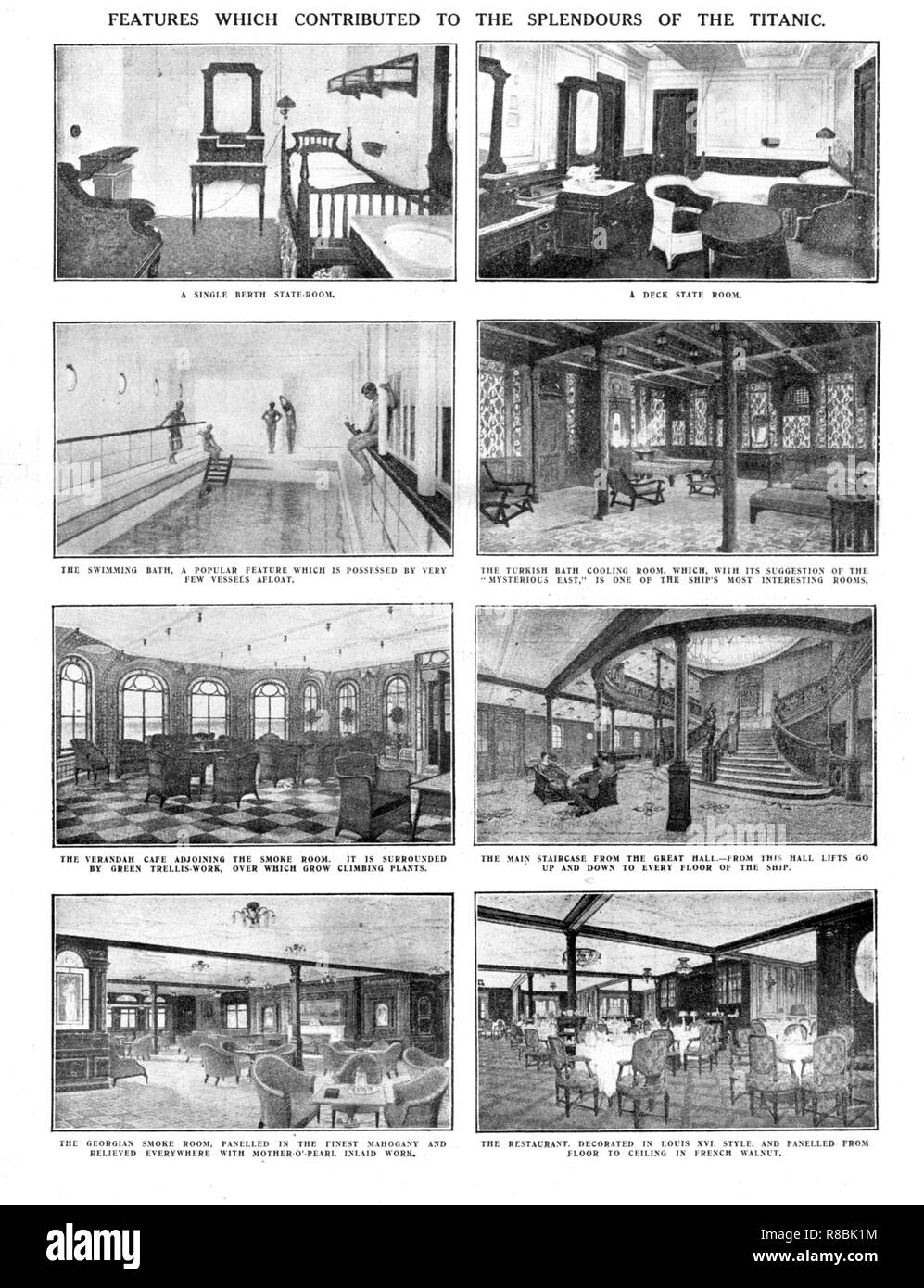 'Features which Contributed to the Splendours of the Titanic', April 20, 1912. Creator: Unknown. Stock Photo