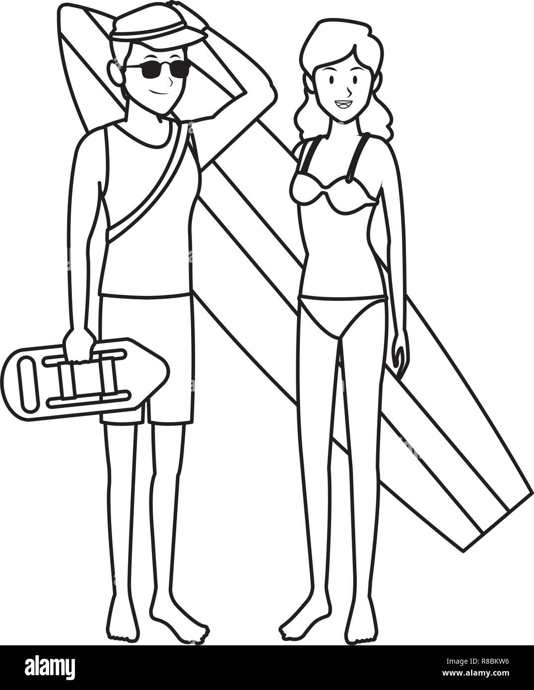 lifeguard and woman black and white Stock Vector