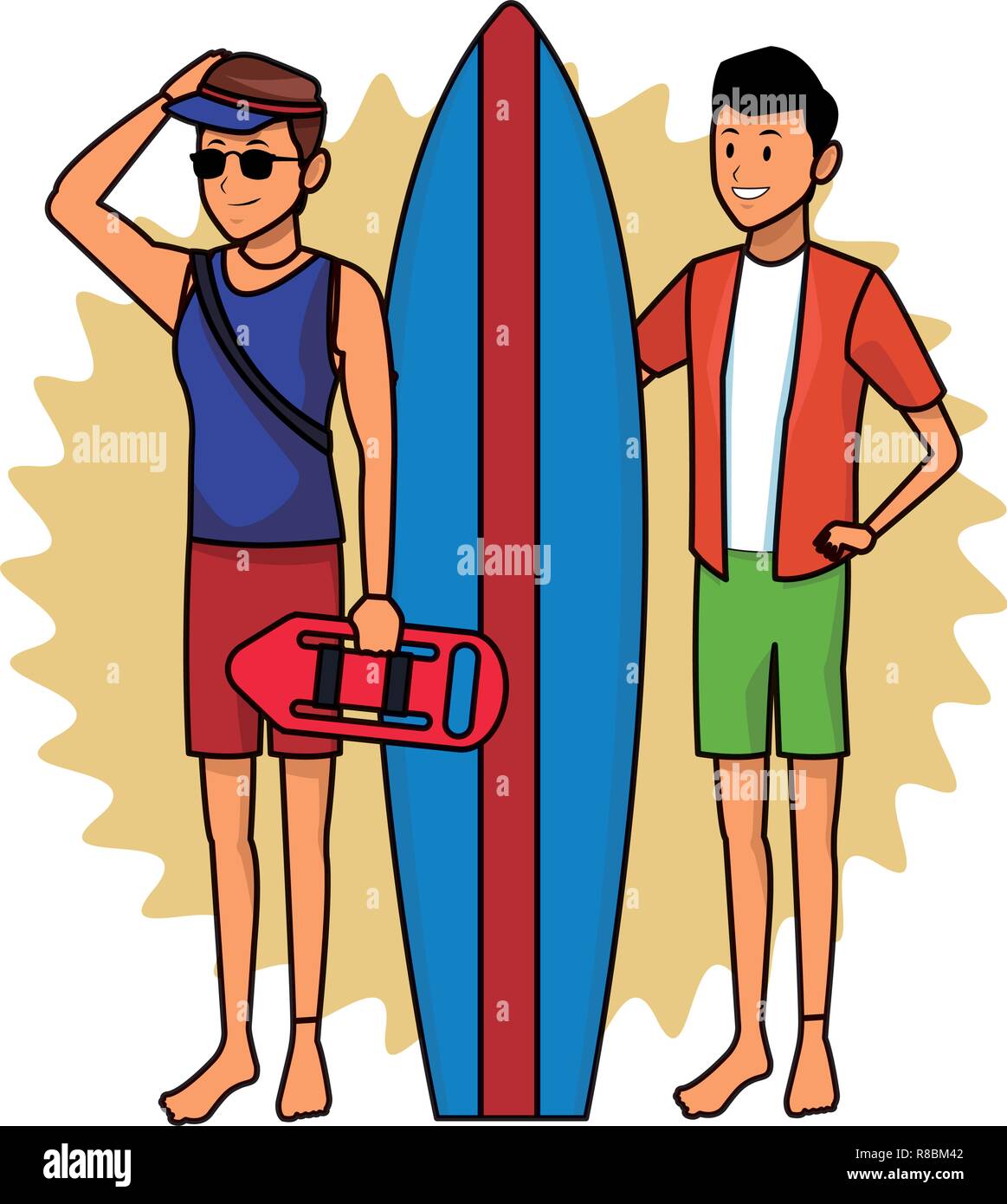 lifeguard with man and surfboard black and white Stock Vector