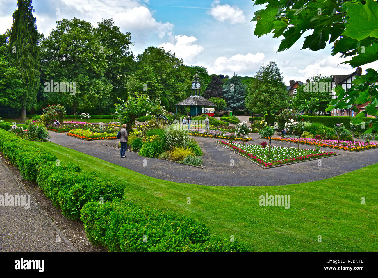 Pretty floral displays and formal gardens  form an attractive corner of Hall Leys Park in the centre of the Spa town of Matlock in Derbyshire. Stock Photo