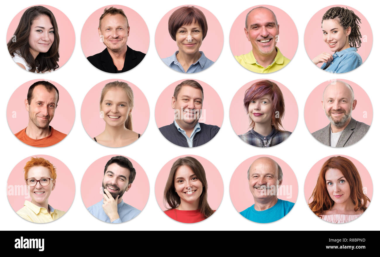 Collection of circle avatar of people. Young and senior men and women faces on pink color. Positive human emotion. Concept of divercity and individual Stock Photo