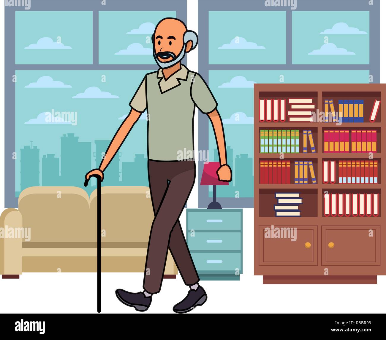 old man with cane skyscrapers silhouette cityscape Stock Vector Image ...
