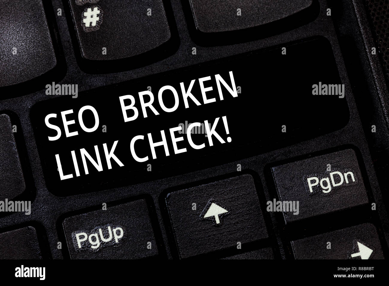 Word writing text Seo Broken Link Check. Business concept for Search engine optimization error in website links Keyboard key Intention to create compu Stock Photo