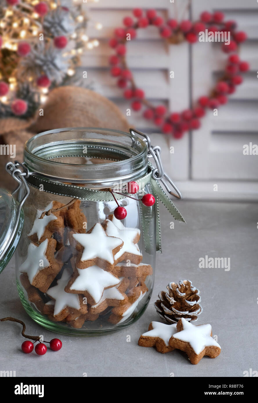 Christmas Background With Tasty Star Ginger Cookies In A Glass Jar