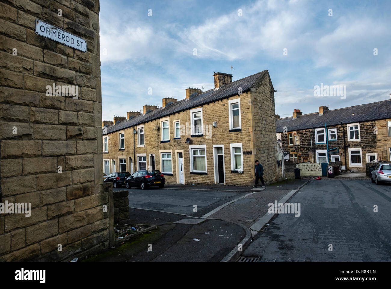 Streets of terraced houses in the former mill town of Nelson, Lancashire Stock Photo