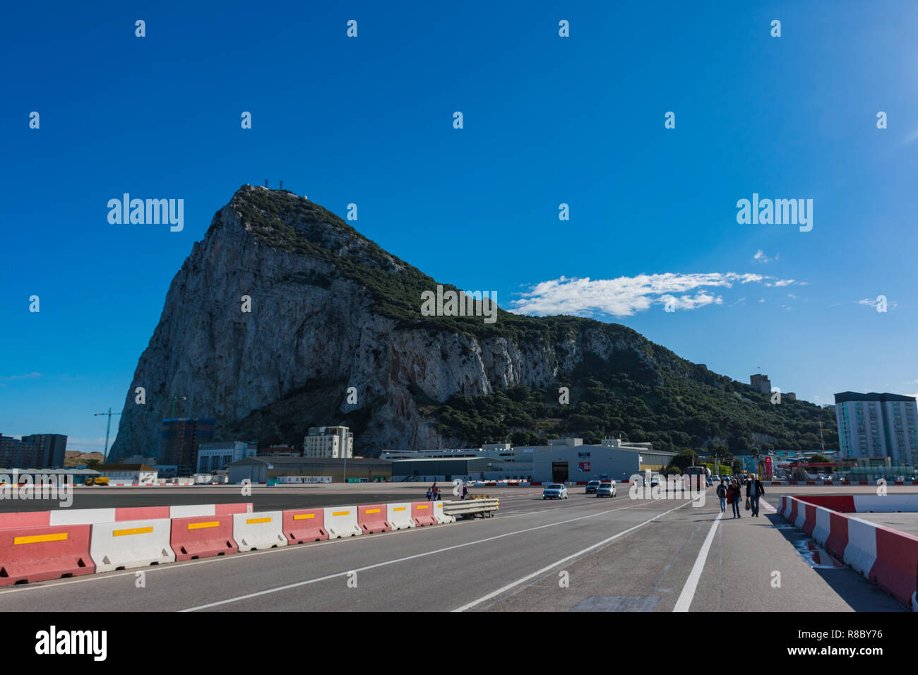 GIBRALTAR, GREAT BRITAIN, november 5, 2018 - The Rock of Gibraltar after crossing the border. Airport runway at foreground Stock Photo