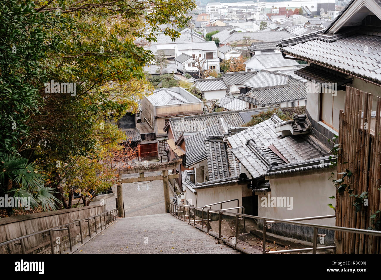 Hillside view of the Bikan historic disctrict of Kurashiki. Situated in Okayama Prefecture near the Inland Sea, the city has become famous for its int Stock Photo