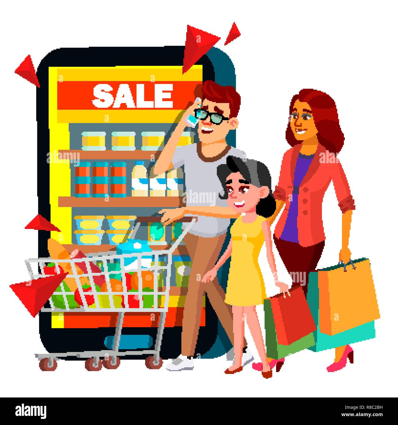 Online Shopping Vector. Mother, Father, Child With Shopping Chart In Mobile  Family Online Shop. Illustration Stock Vector Image & Art - Alamy