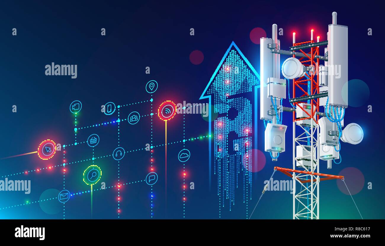 5G communication tower for wireless hi-speed internet. Mobile network technology in city life concept. LTE aerial connection with satellite net. Mast of station of the broadcasting cellular. Stock Vector
