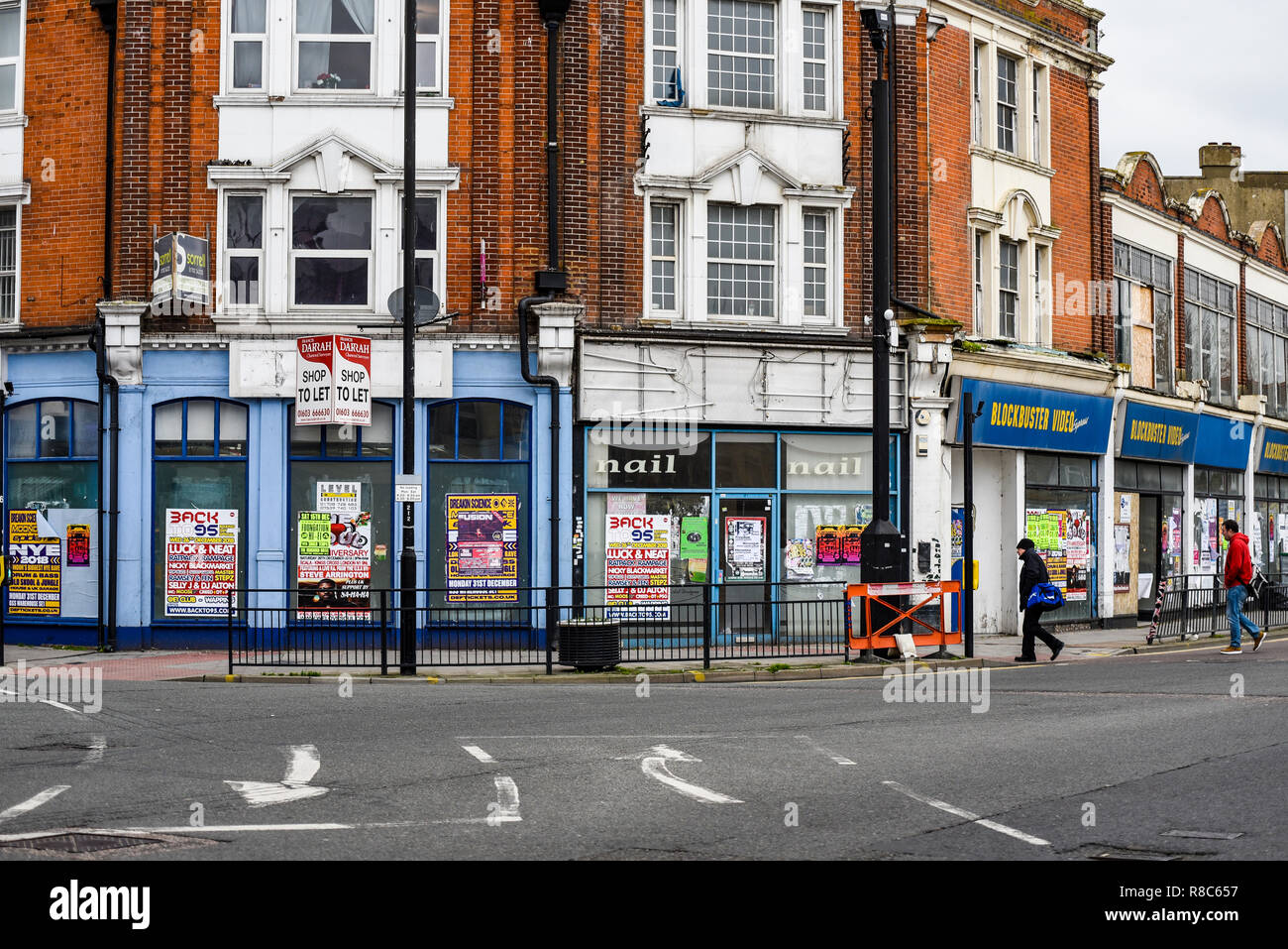 Southend-on-Sea is one of Essex's most deprived areas: 55,000 residents fall within the 30% most deprived areas of the country. Closed shops. Boarded Stock Photo