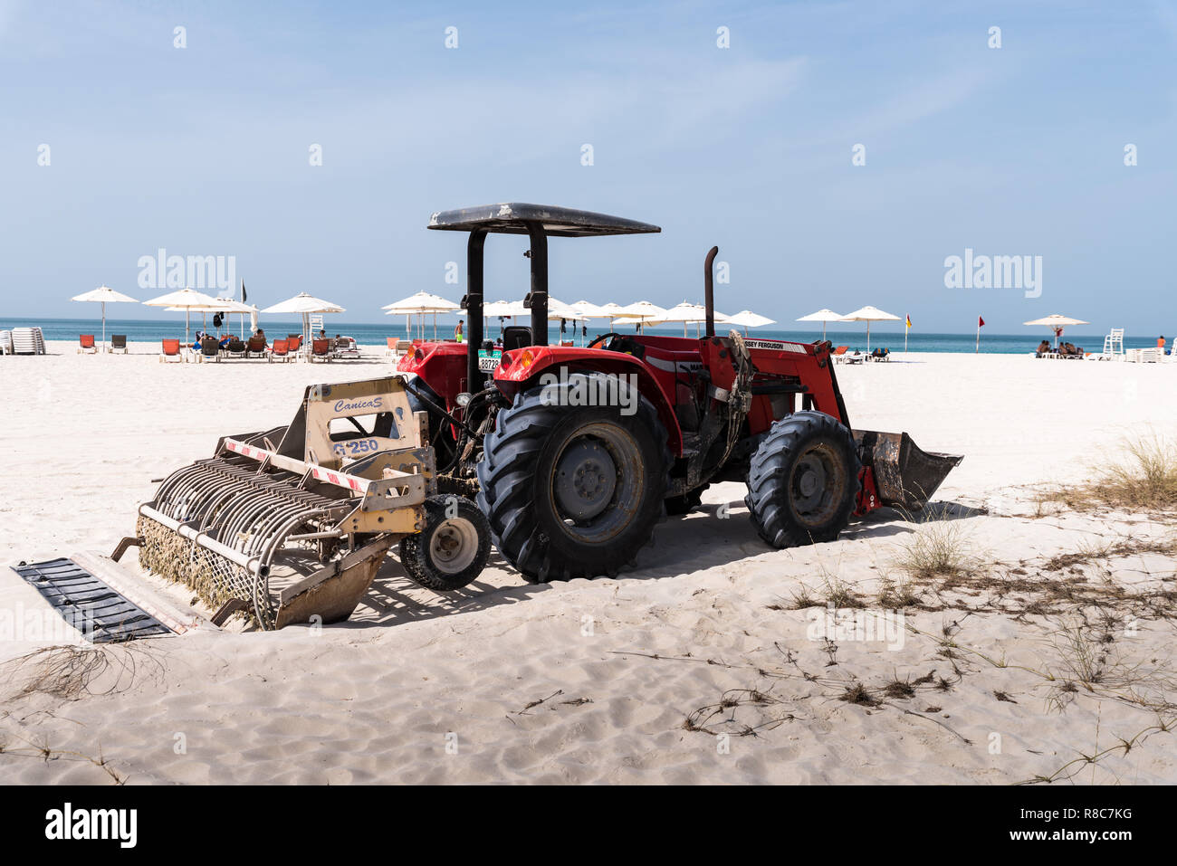 Detail Shot of Massey Ferguson Tractor parked at Saadiyat Public Beach Abu Dhabi, UAE Stock Photo