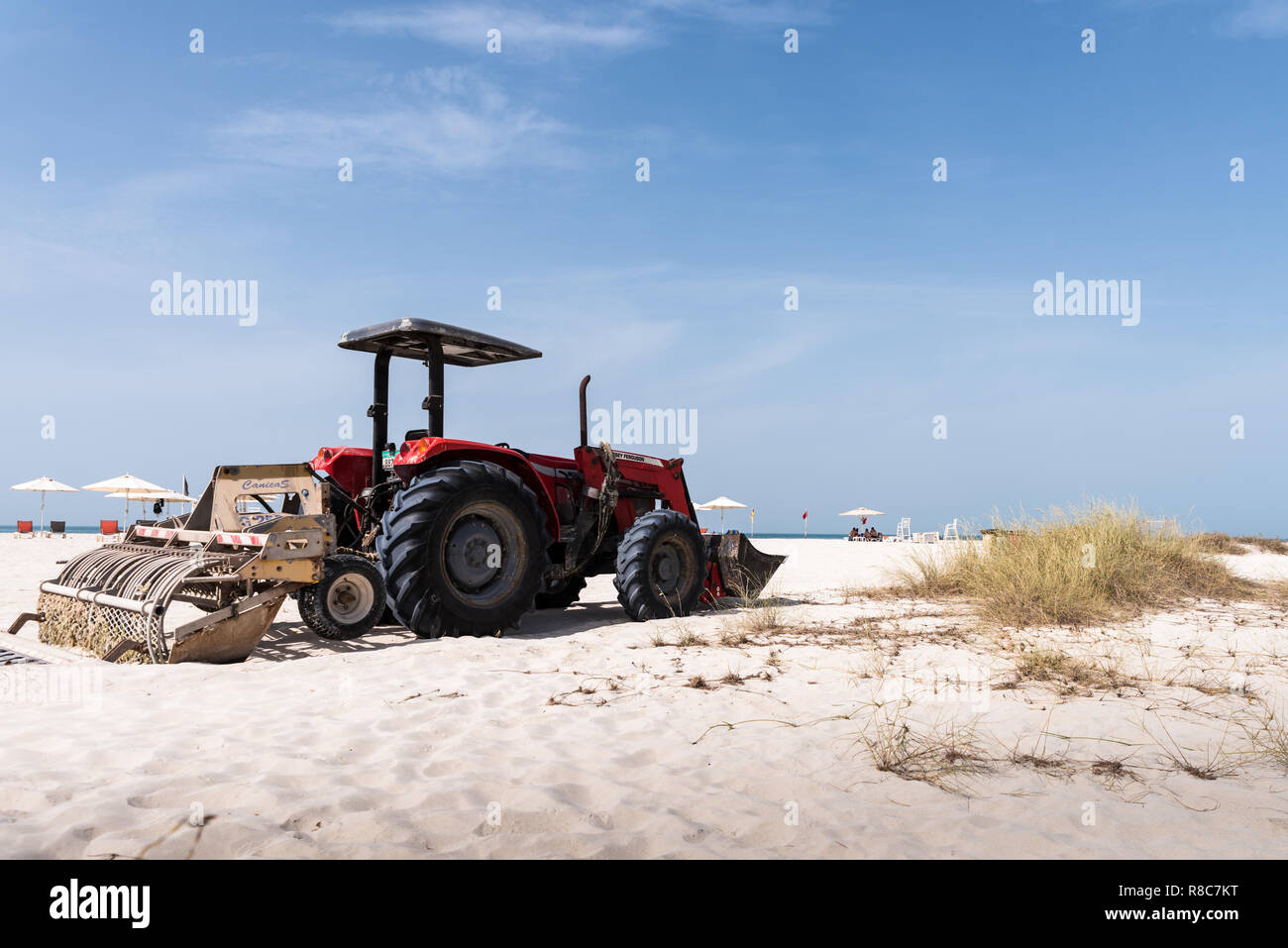 Detail Shot of Massey Ferguson Tractor parked at Saadiyat Public Beach Abu Dhabi, UAE Stock Photo