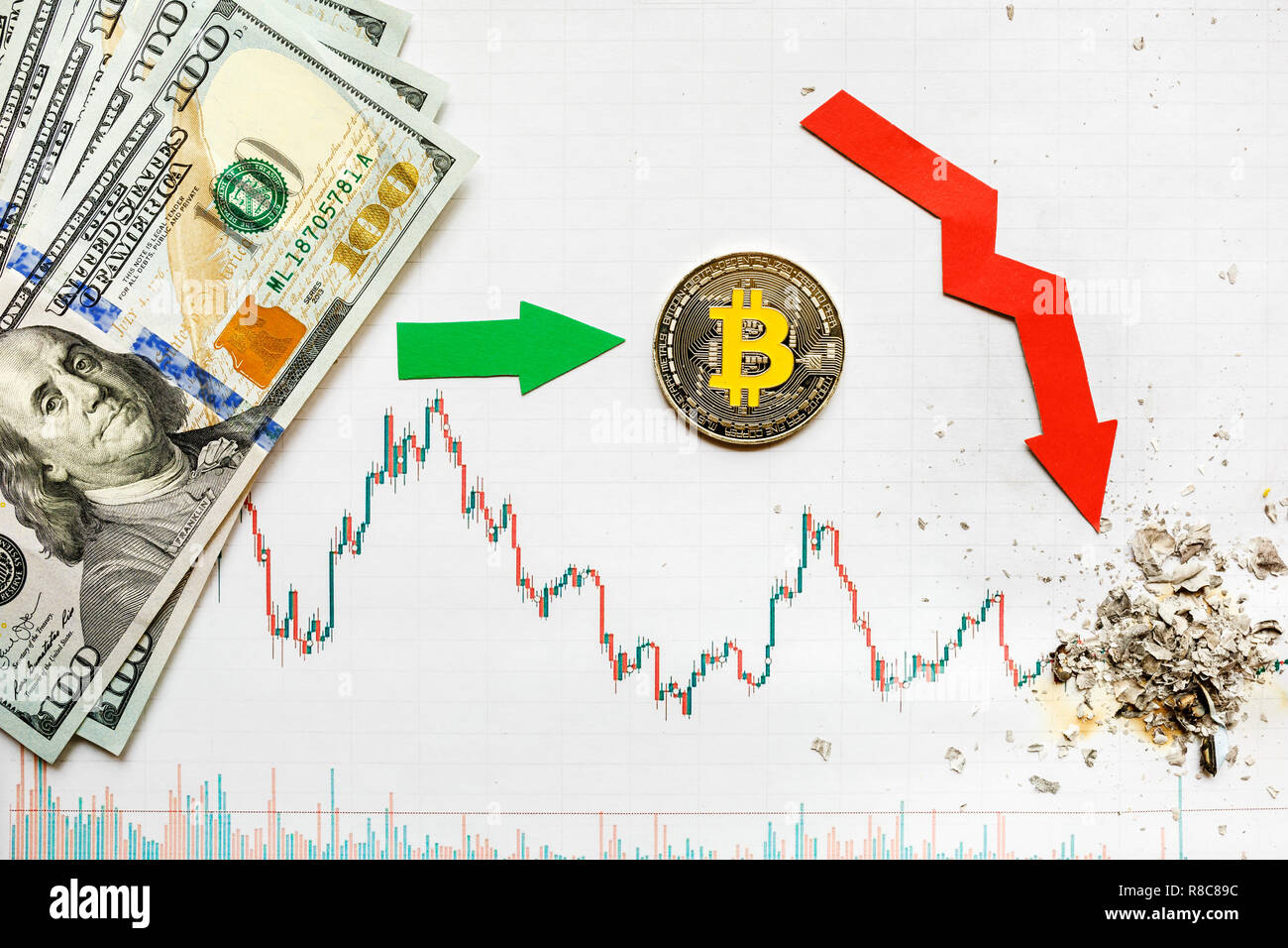 Bitcoin with paper dollars in wallet top view. Virtual cryptocurrency  trading and investment concept Stock Photo - Alamy