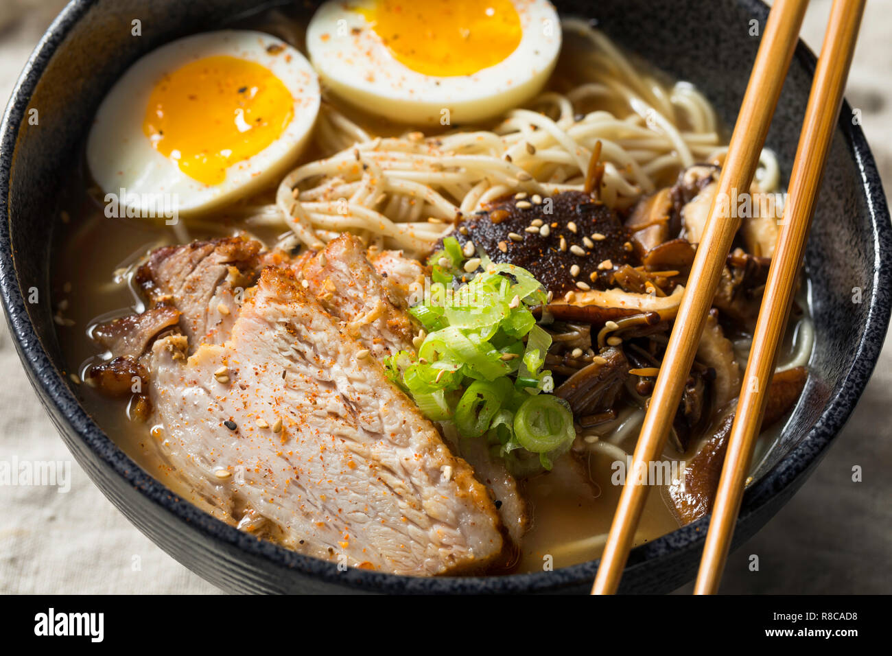 Homemade Japanese Pork Tonkotsu Ramen with Mushrooms and Eggs Stock