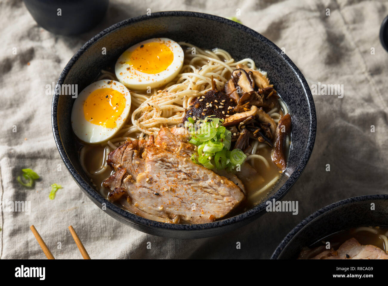 Homemade Japanese Pork Tonkotsu Ramen with Mushrooms and Eggs Stock