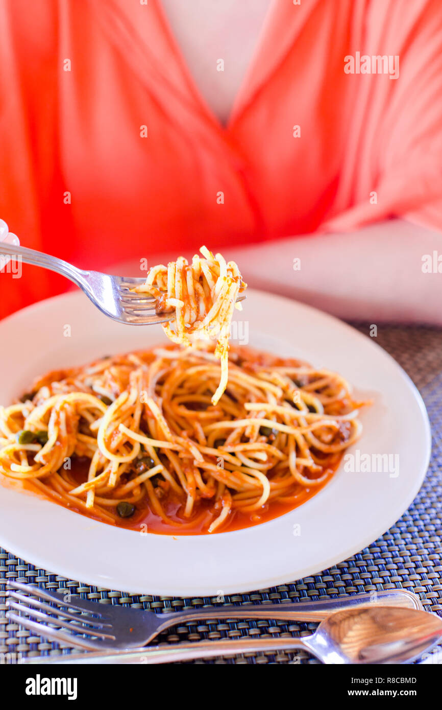 Spaghetti a la Bolognese in the white plate Stock Photo - Alamy